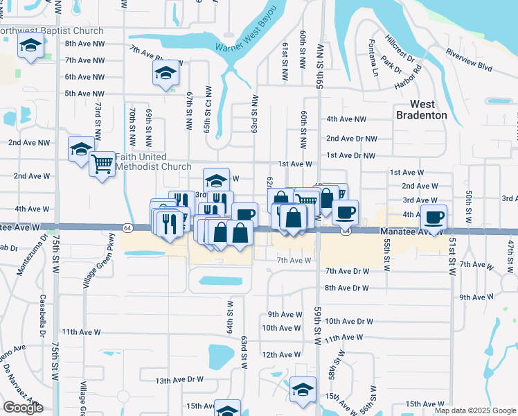 map of restaurants, bars, coffee shops, grocery stores, and more near 6220 Manatee Avenue West in Bradenton