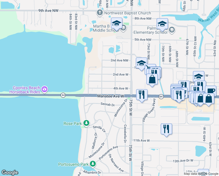 map of restaurants, bars, coffee shops, grocery stores, and more near 436 77th Street West in Bradenton