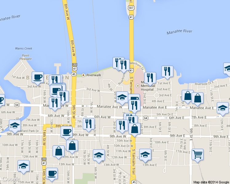 map of restaurants, bars, coffee shops, grocery stores, and more near 103 3rd Avenue West in Bradenton