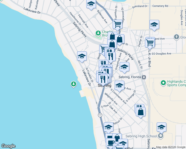 map of restaurants, bars, coffee shops, grocery stores, and more near 150 Pomegranate Avenue in Sebring