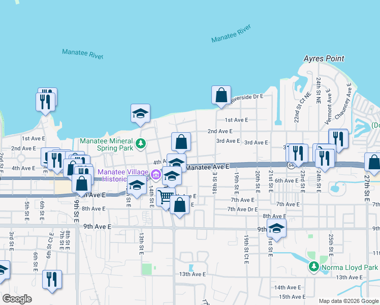 map of restaurants, bars, coffee shops, grocery stores, and more near 1625 Manatee Avenue East in Bradenton