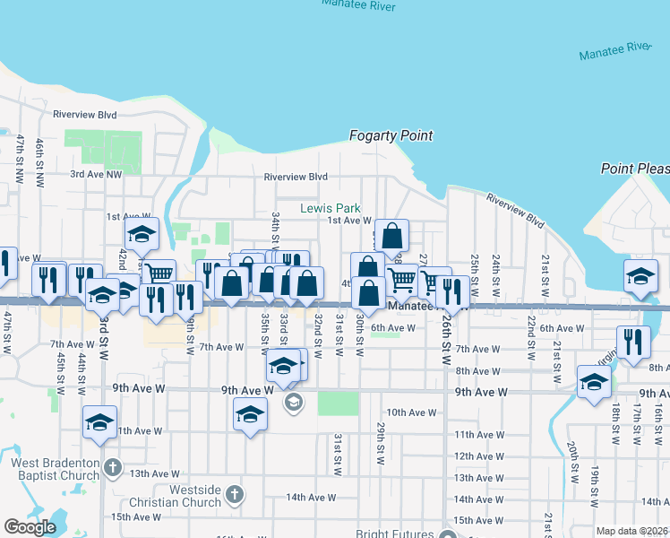 map of restaurants, bars, coffee shops, grocery stores, and more near 401 32nd Street Northwest in Bradenton