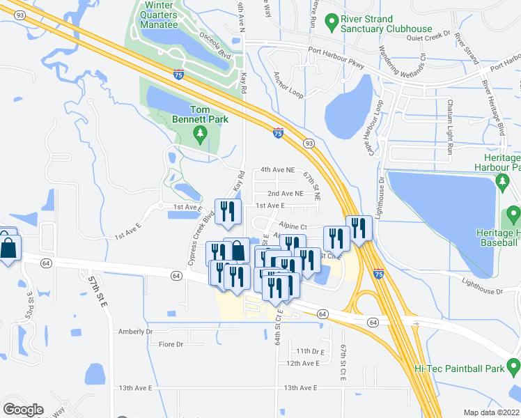 map of restaurants, bars, coffee shops, grocery stores, and more near 6408 1st Avenue East in Bradenton