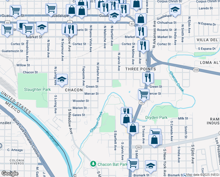map of restaurants, bars, coffee shops, grocery stores, and more near 2120 Mercer Street in Laredo