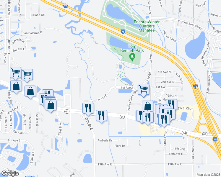 map of restaurants, bars, coffee shops, grocery stores, and more near 5457 1st Avenue East in Bradenton