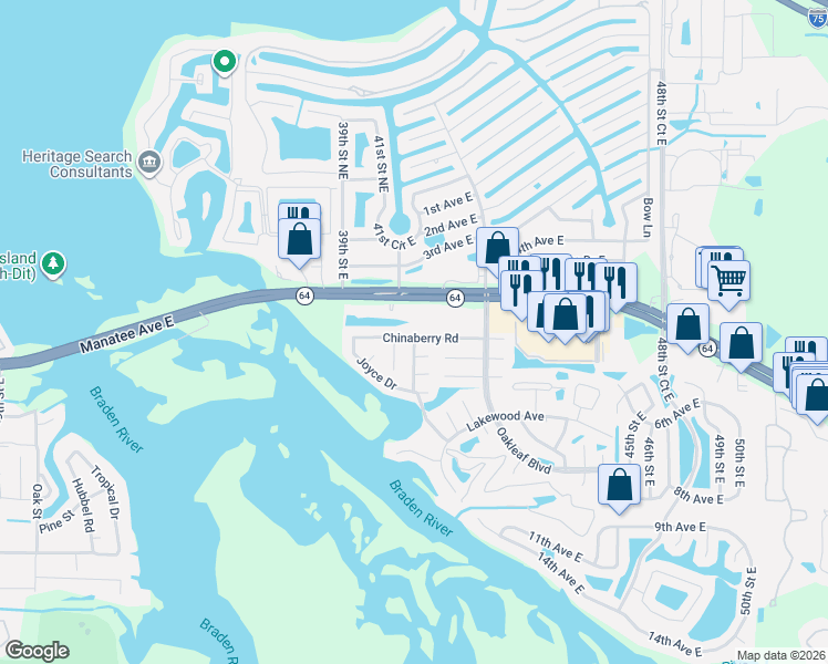 map of restaurants, bars, coffee shops, grocery stores, and more near 709 Hickory Lane in Bradenton