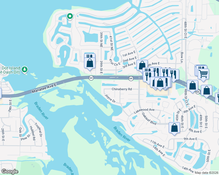 map of restaurants, bars, coffee shops, grocery stores, and more near 3705 Joyce Drive in Bradenton