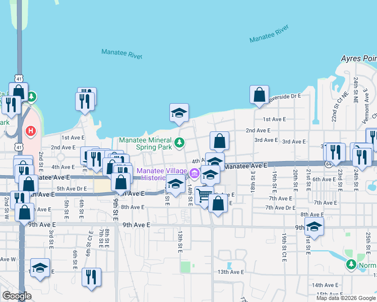 map of restaurants, bars, coffee shops, grocery stores, and more near 320 15th Street East in Bradenton