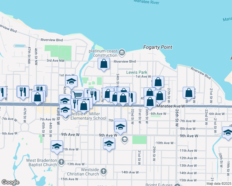 map of restaurants, bars, coffee shops, grocery stores, and more near 3511 4th Avenue West in Bradenton