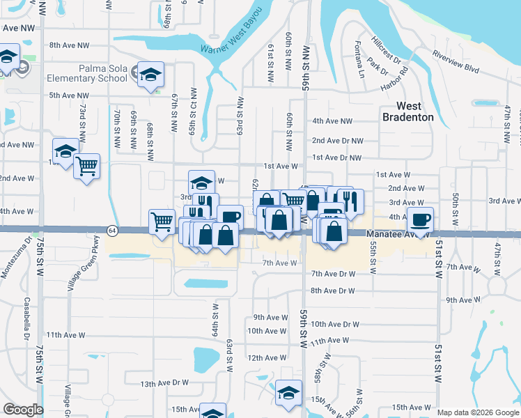 map of restaurants, bars, coffee shops, grocery stores, and more near 6114 Manatee Avenue West in Bradenton