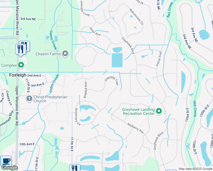 map of restaurants, bars, coffee shops, grocery stores, and more near 352 Chantilly Trail in Bradenton