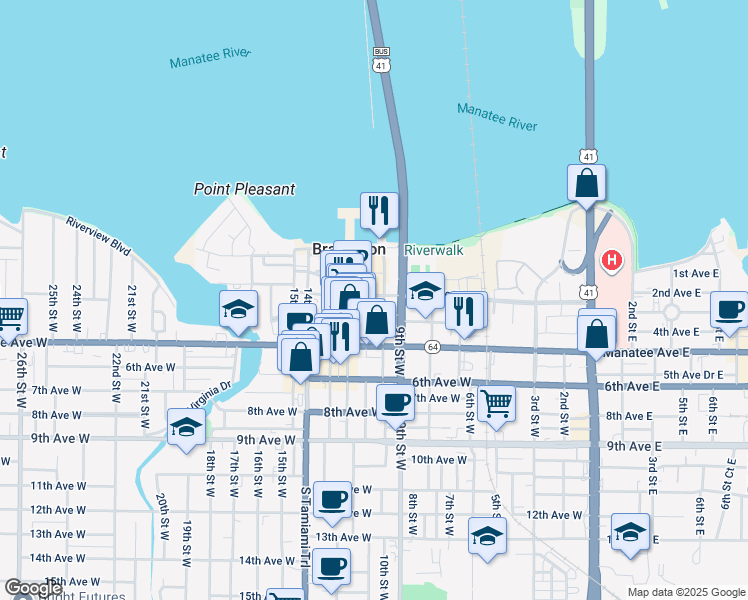 map of restaurants, bars, coffee shops, grocery stores, and more near 1001 4th Avenue West in Bradenton