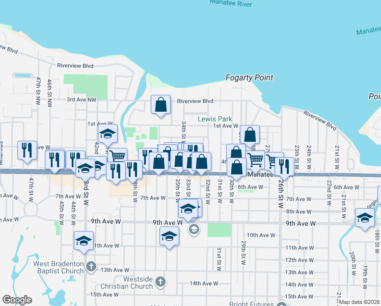 map of restaurants, bars, coffee shops, grocery stores, and more near 3307 4th Avenue West in Bradenton