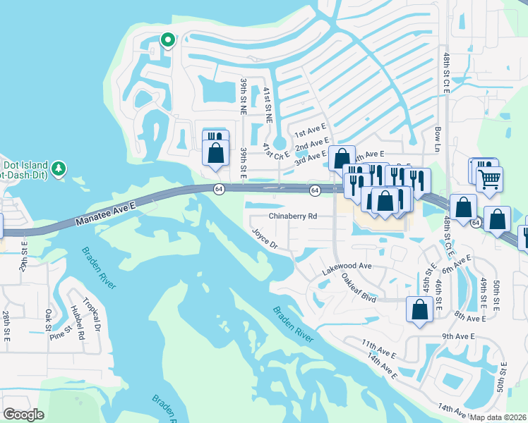 map of restaurants, bars, coffee shops, grocery stores, and more near 3705 Joyce Drive in Bradenton