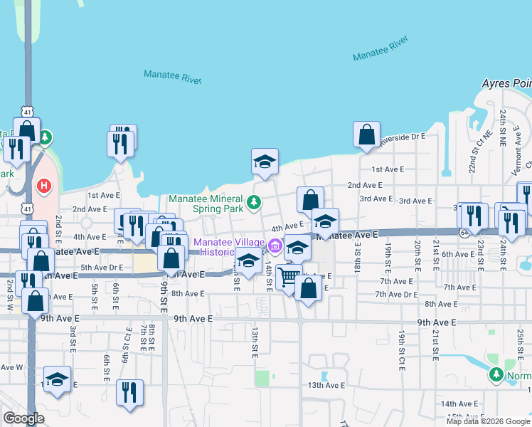 map of restaurants, bars, coffee shops, grocery stores, and more near 320 15th Street East in Bradenton