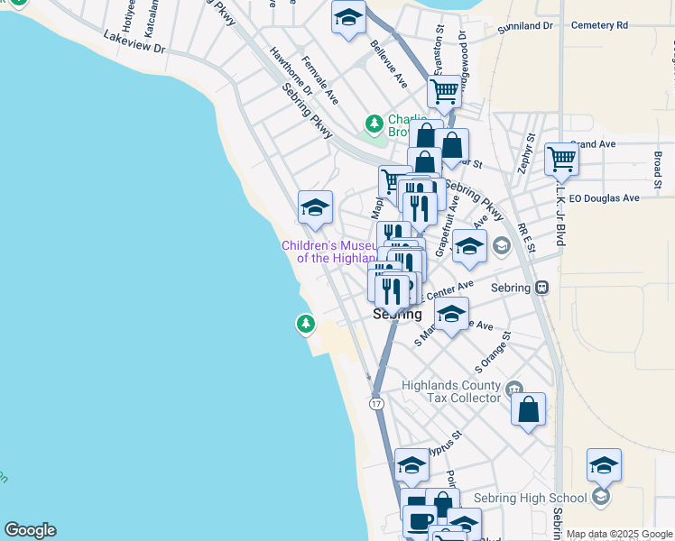 map of restaurants, bars, coffee shops, grocery stores, and more near 314 North Franklin Street in Sebring