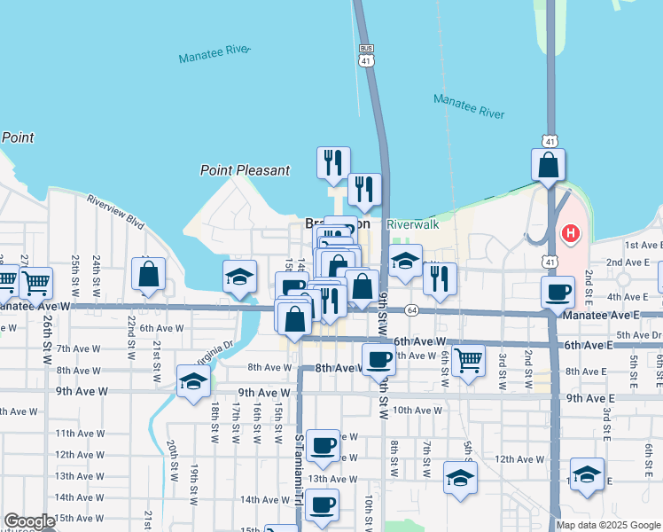 map of restaurants, bars, coffee shops, grocery stores, and more near 222 12th Street West in Bradenton