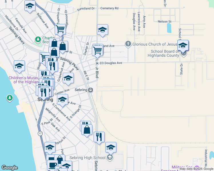 map of restaurants, bars, coffee shops, grocery stores, and more near 3424 Ellington Ave in Sebring