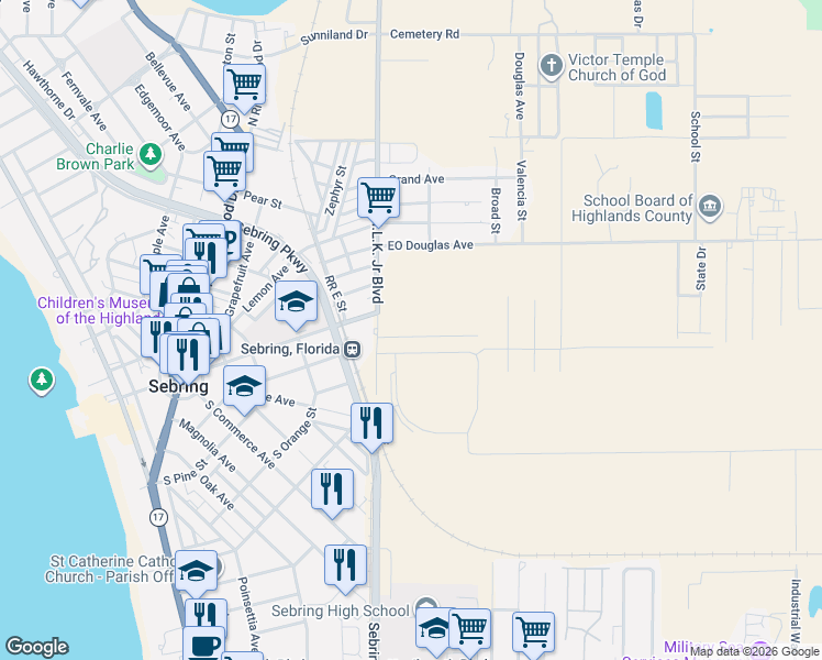 map of restaurants, bars, coffee shops, grocery stores, and more near 3424 Ellington Avenue in Sebring
