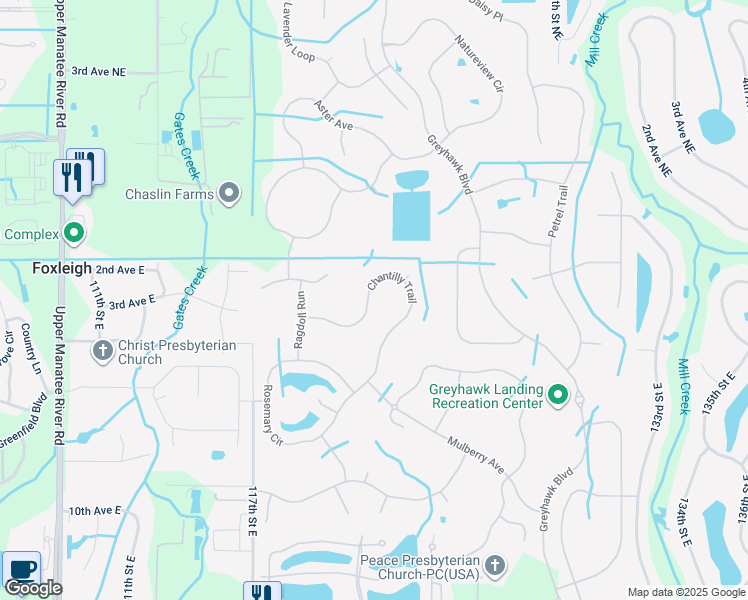 map of restaurants, bars, coffee shops, grocery stores, and more near 367 Chantilly Trail in Bradenton