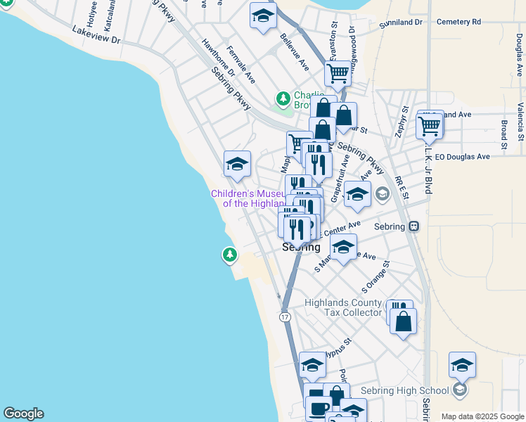 map of restaurants, bars, coffee shops, grocery stores, and more near 314 North Franklin Street in Sebring