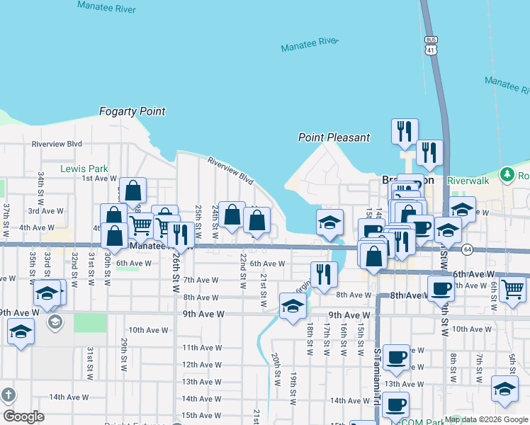 map of restaurants, bars, coffee shops, grocery stores, and more near 215 21st Street West in Bradenton