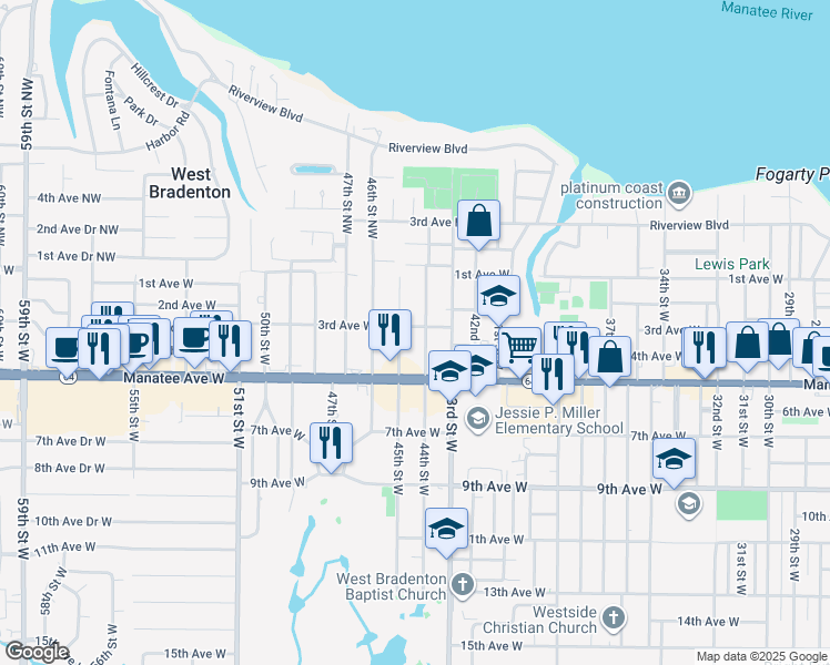 map of restaurants, bars, coffee shops, grocery stores, and more near 296 44th Street Northwest in Bradenton