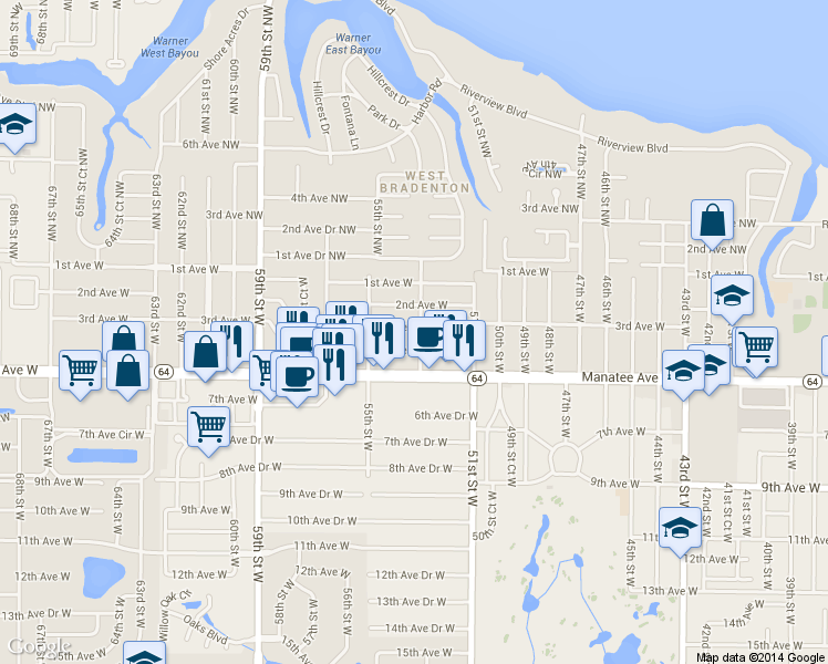 map of restaurants, bars, coffee shops, grocery stores, and more near 207 53rd Street Northwest in Bradenton