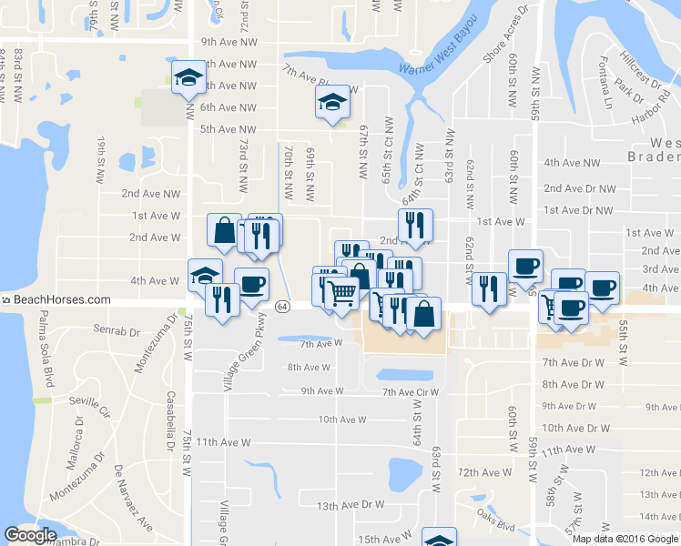 map of restaurants, bars, coffee shops, grocery stores, and more near 6745 2nd Avenue Circle West in Bradenton