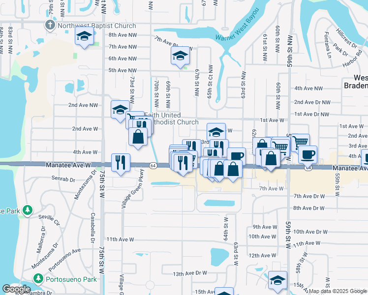 map of restaurants, bars, coffee shops, grocery stores, and more near 450 67th Street West in Bradenton