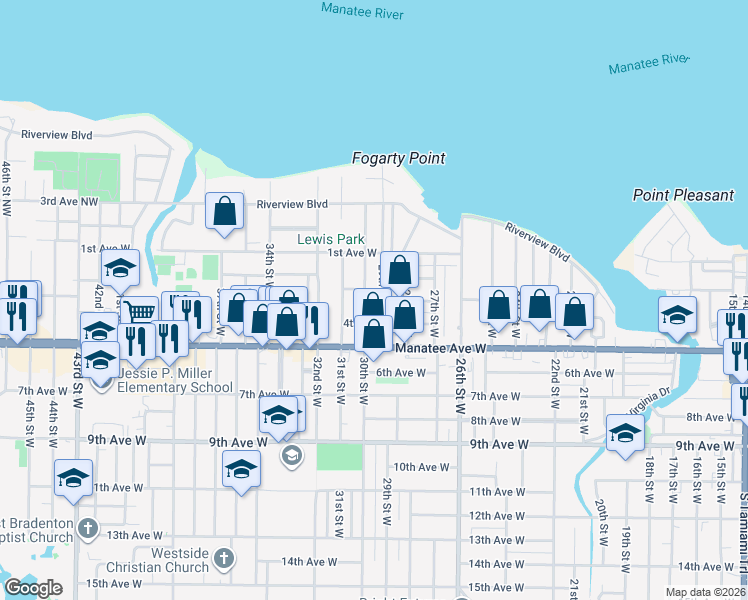 map of restaurants, bars, coffee shops, grocery stores, and more near 205 30th Street West in Bradenton