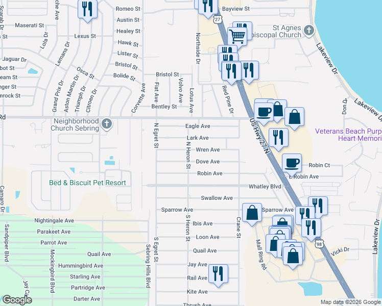 map of restaurants, bars, coffee shops, grocery stores, and more near 300 N Heron St in Sebring
