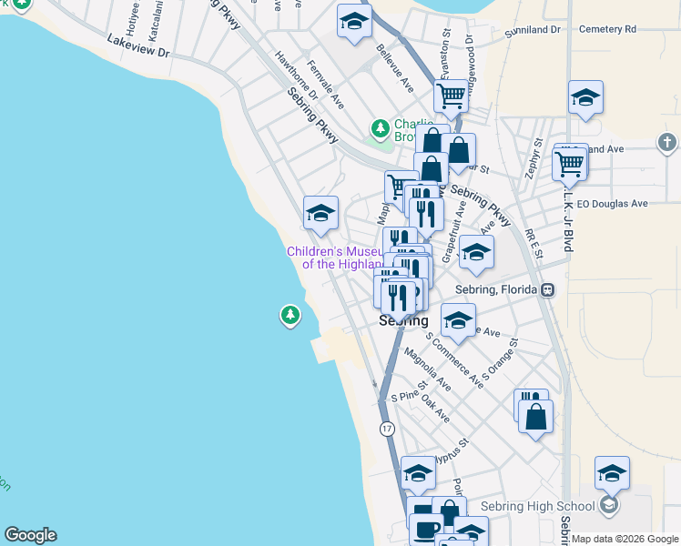 map of restaurants, bars, coffee shops, grocery stores, and more near 343 North Commerce Avenue in Sebring