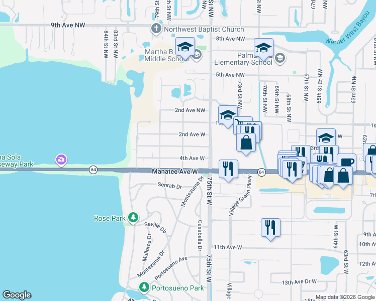 map of restaurants, bars, coffee shops, grocery stores, and more near 7608 3rd Avenue West in Bradenton