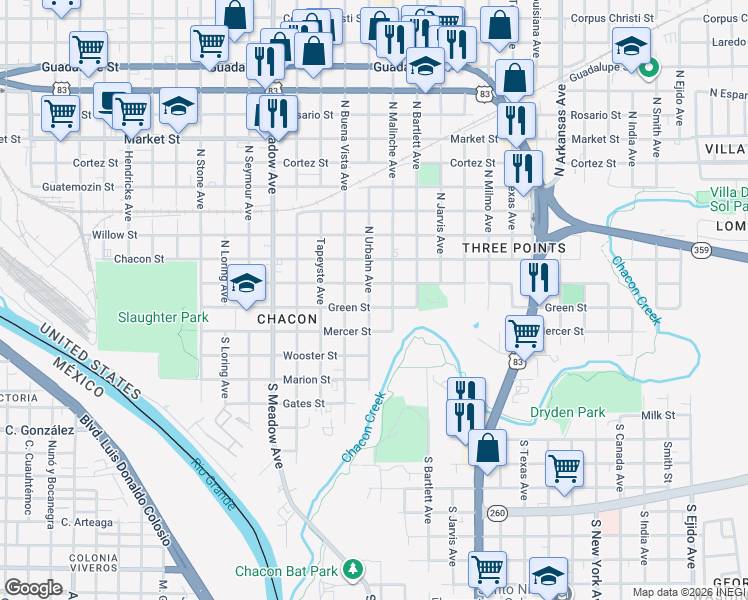 map of restaurants, bars, coffee shops, grocery stores, and more near 2019 Piedra China St in Laredo
