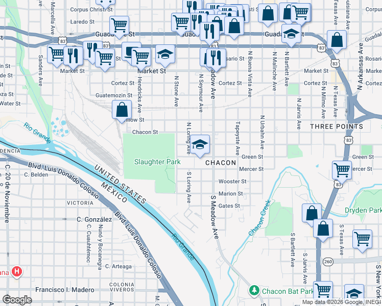 map of restaurants, bars, coffee shops, grocery stores, and more near 1402 Green Street in Laredo