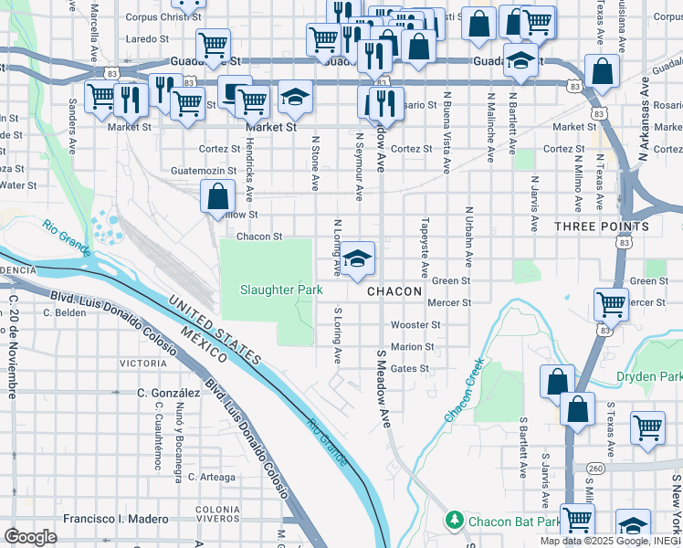 map of restaurants, bars, coffee shops, grocery stores, and more near 1402 Green Street in Laredo