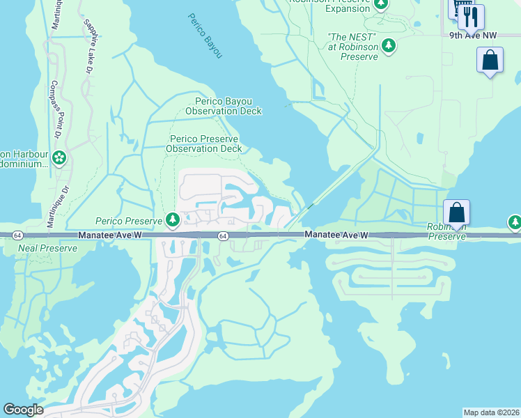 map of restaurants, bars, coffee shops, grocery stores, and more near 304 108th Street West in Bradenton