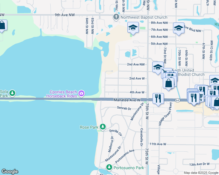 map of restaurants, bars, coffee shops, grocery stores, and more near 8012 3rd Avenue West in Bradenton