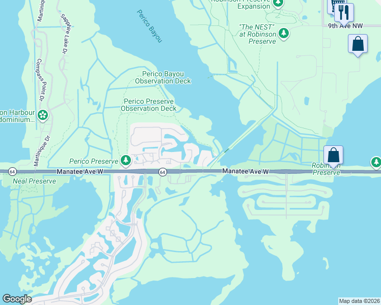map of restaurants, bars, coffee shops, grocery stores, and more near 304 108th Street West in Bradenton