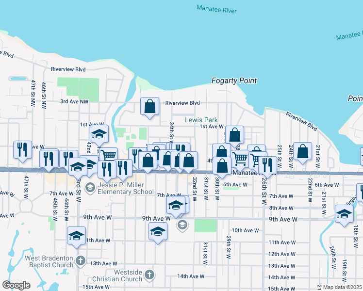map of restaurants, bars, coffee shops, grocery stores, and more near 3215 2nd Avenue West in Bradenton