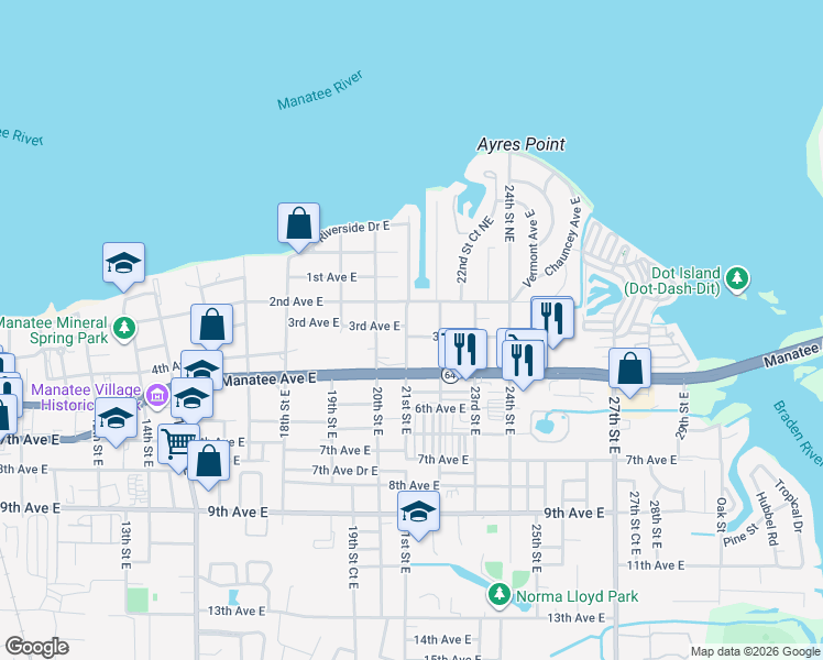 map of restaurants, bars, coffee shops, grocery stores, and more near 2007 3rd Avenue East in Bradenton
