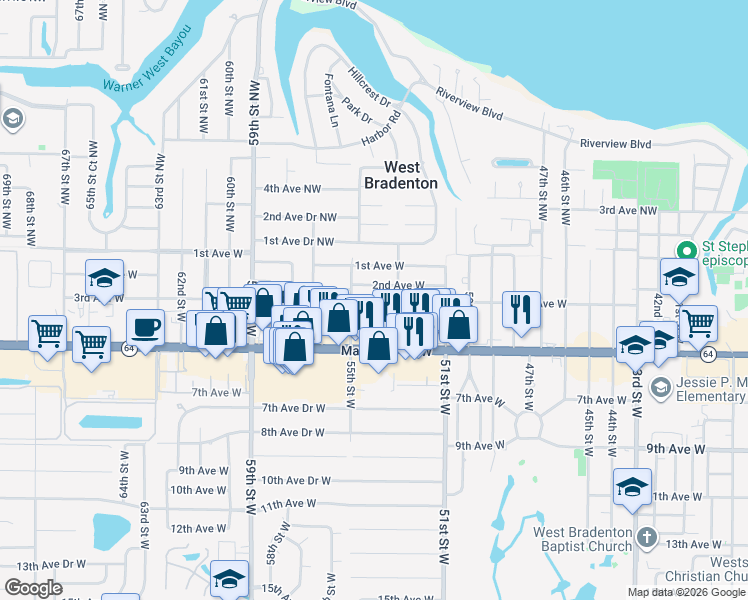 map of restaurants, bars, coffee shops, grocery stores, and more near 5403 2nd Avenue West in Bradenton