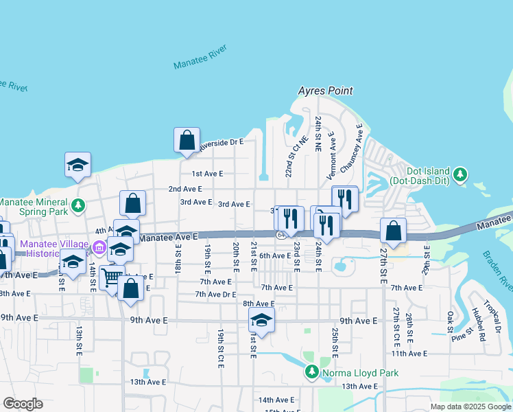 map of restaurants, bars, coffee shops, grocery stores, and more near 2007 3rd Avenue East in Bradenton