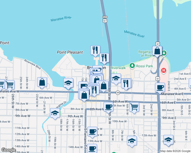 map of restaurants, bars, coffee shops, grocery stores, and more near 222 12th Street West in Bradenton