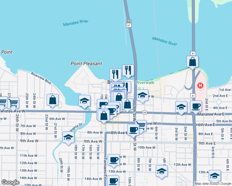 map of restaurants, bars, coffee shops, grocery stores, and more near 222 12th Street West in Bradenton