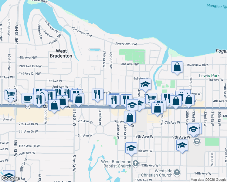 map of restaurants, bars, coffee shops, grocery stores, and more near 215 46th Street Northwest in Bradenton
