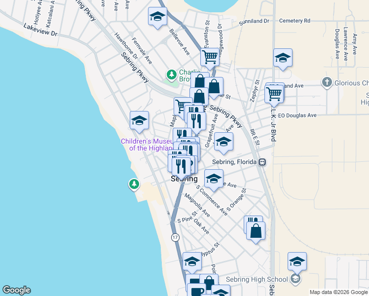 map of restaurants, bars, coffee shops, grocery stores, and more near 427 North Pine Street in Sebring