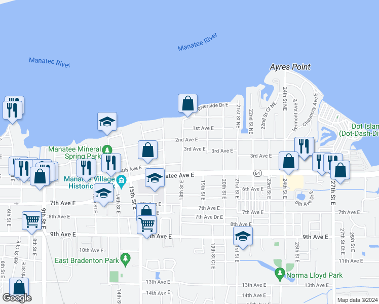 map of restaurants, bars, coffee shops, grocery stores, and more near 1812 3rd Avenue East in Bradenton