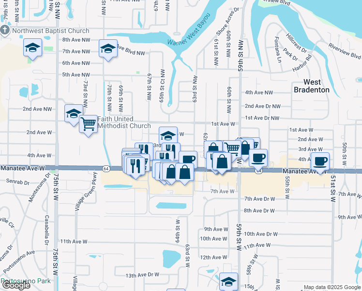 map of restaurants, bars, coffee shops, grocery stores, and more near 6408 3rd Avenue West in Bradenton